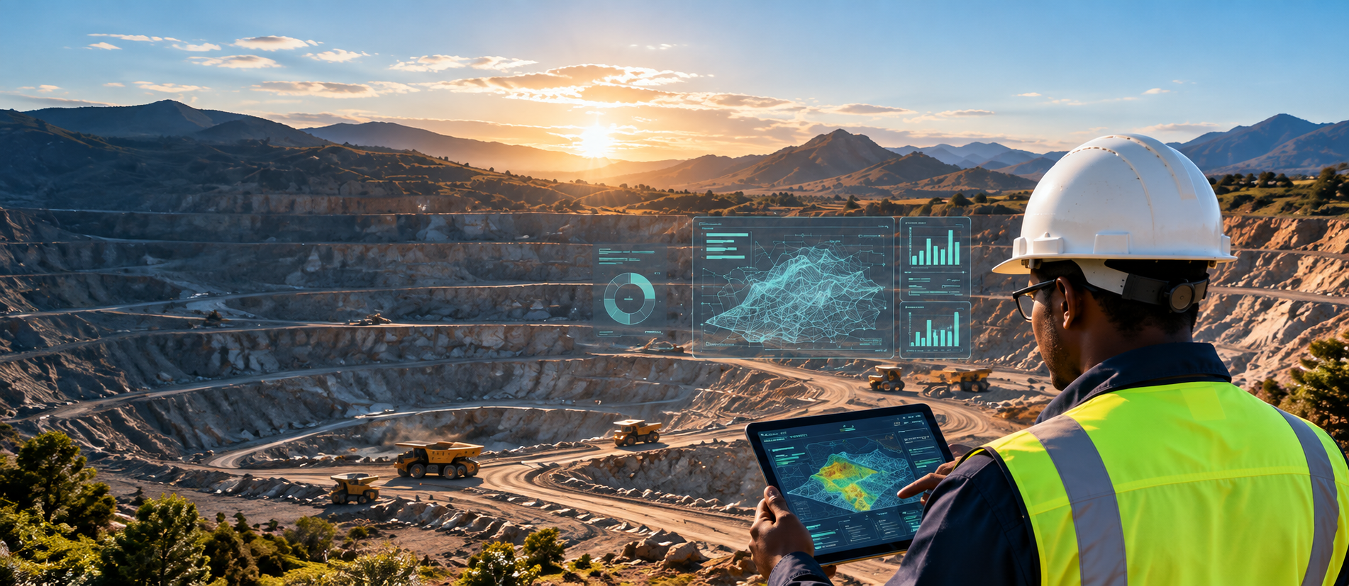 Digital mining professional analyzing open-pit mine data on a tablet