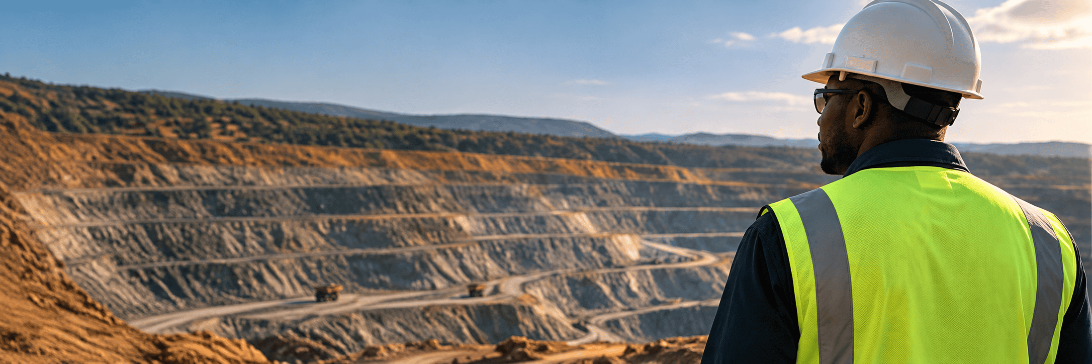 Mining professional inspecting an open-pit mine for environmental health and safety compliance