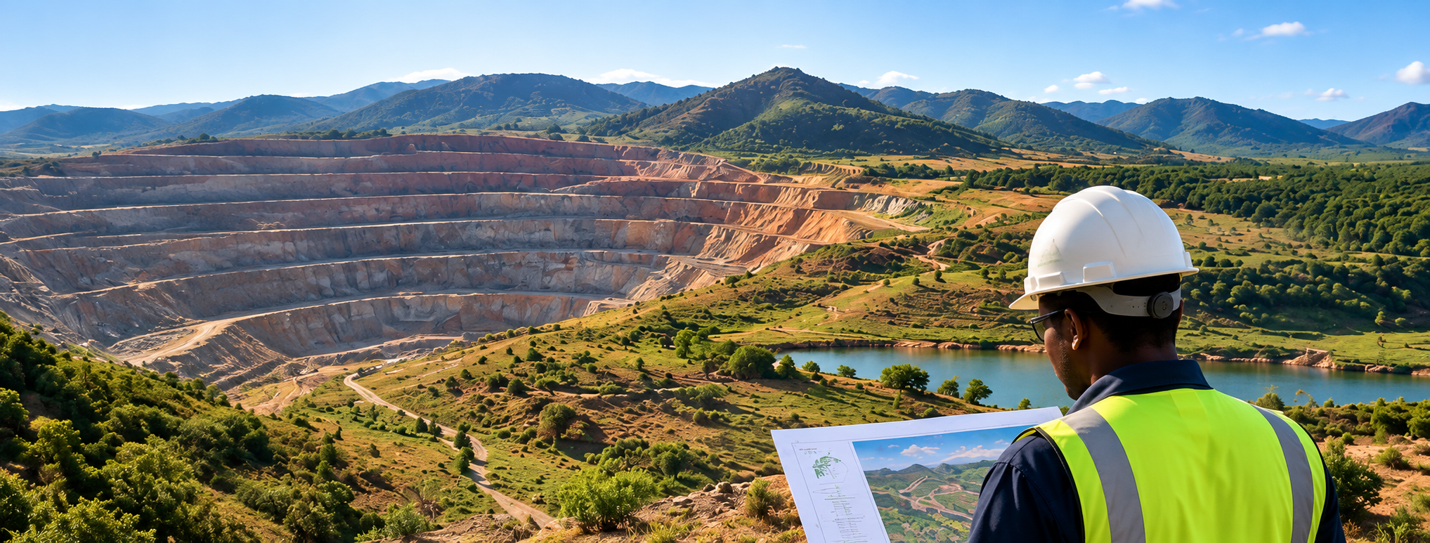 Mining professional reviewing a mine closure plan at an open-pit mine