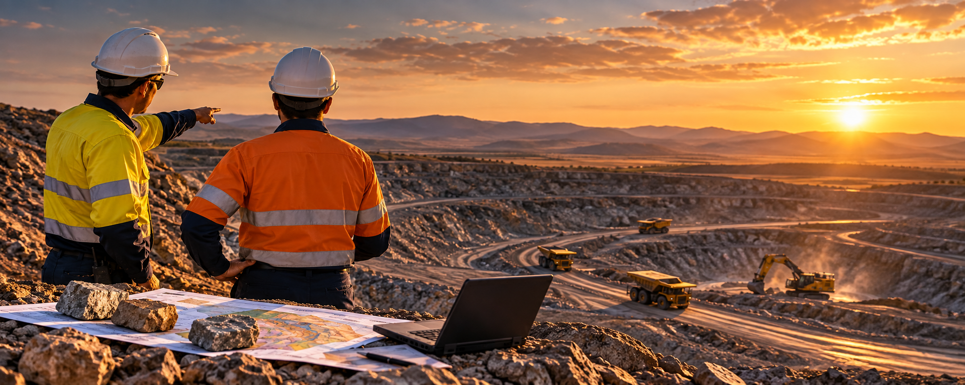 Mining consultants reviewing a mine site development plan at an open-pit mining operation