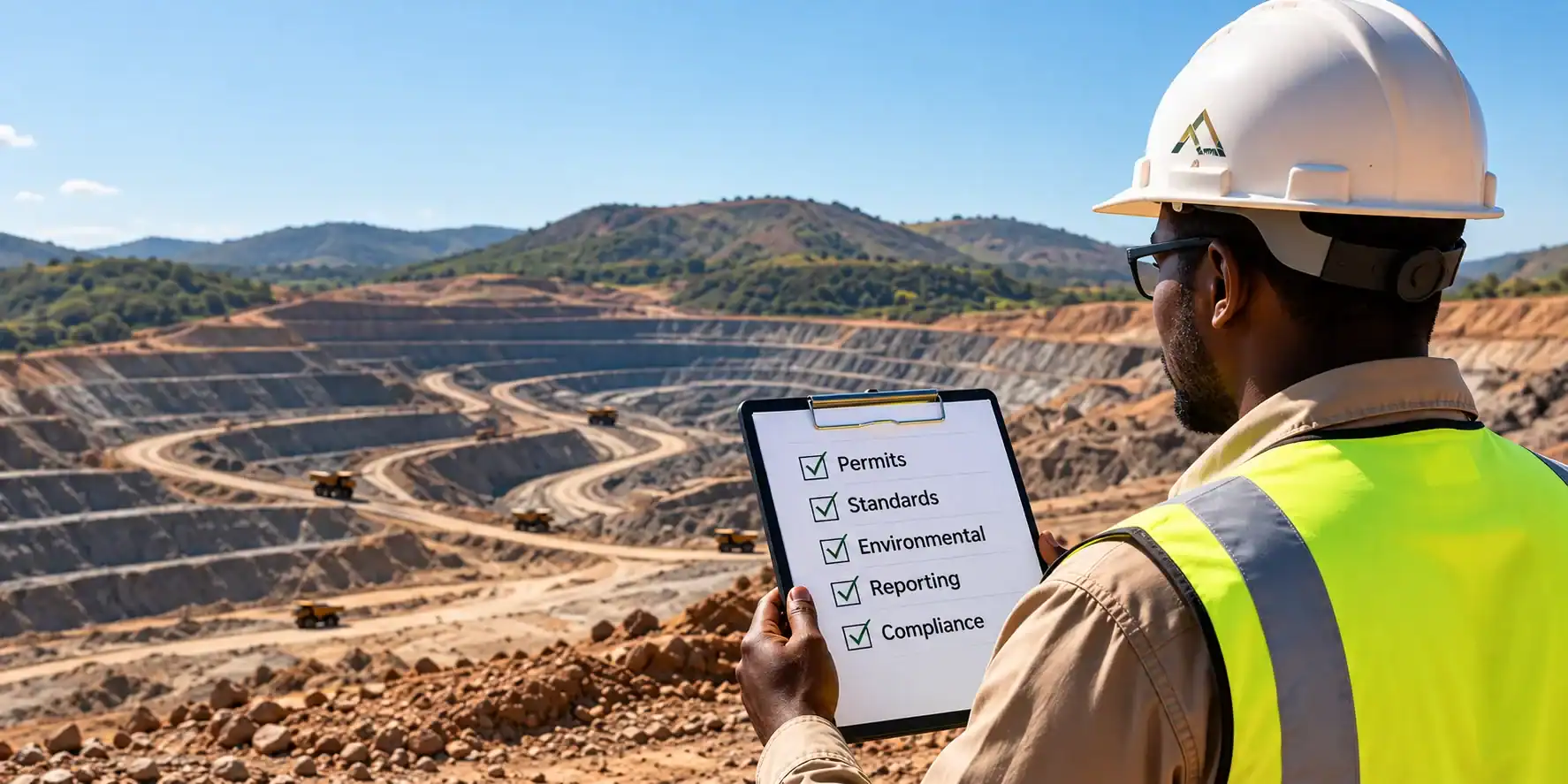 Mining professional reviewing regulatory compliance requirements at an open-pit mine
