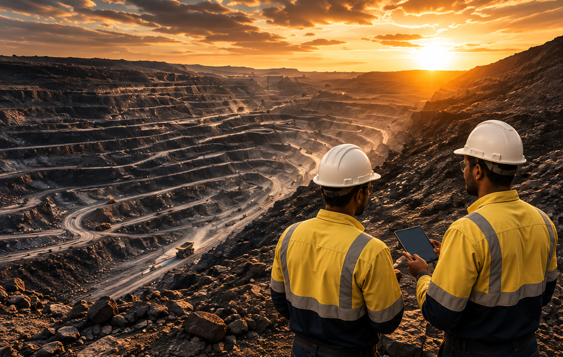 Mining professionals assessing an open-pit mine for mineral resource estimation